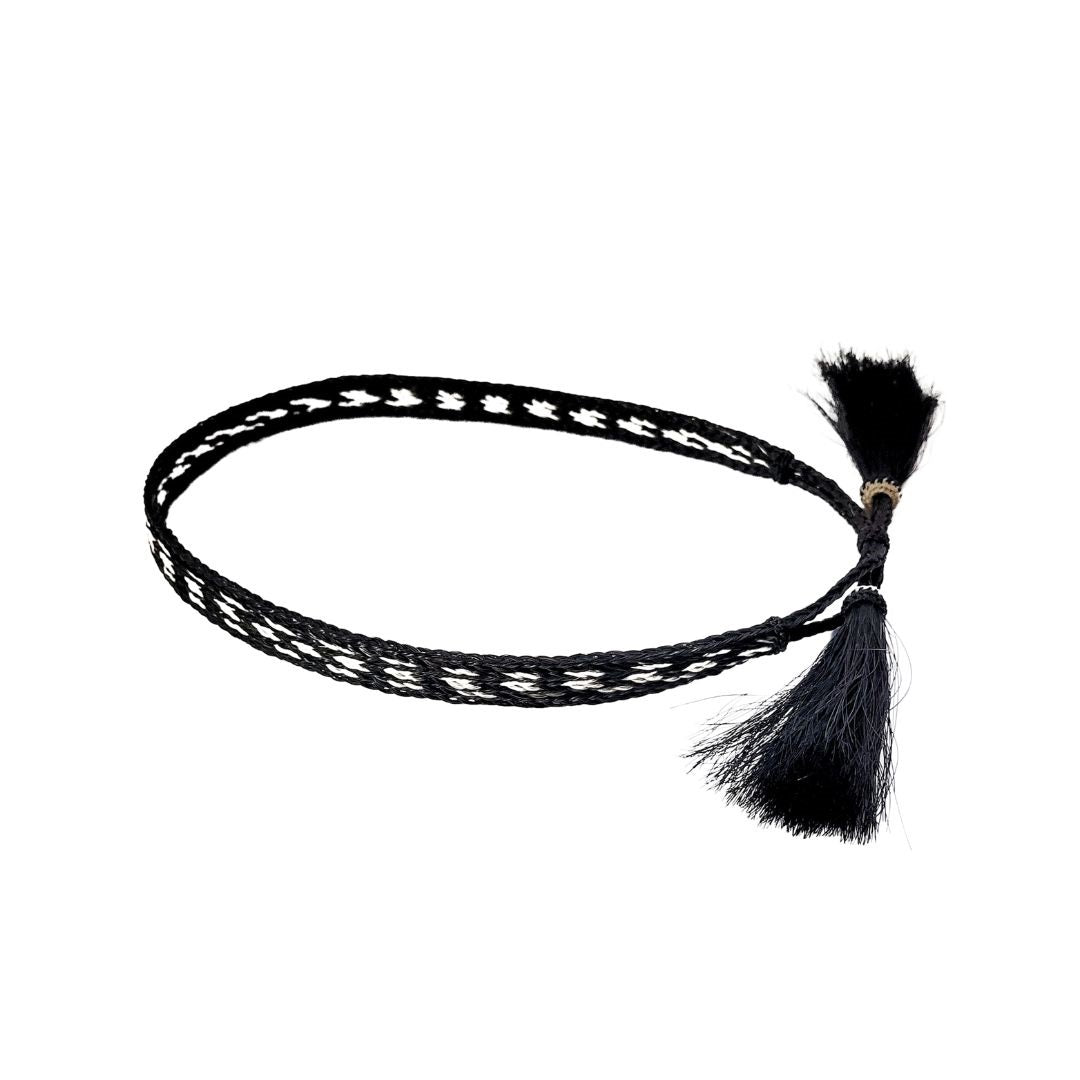 Red, Black and White Diamonds Beaded Hat Band with Horse Hair Tassels